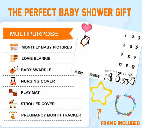 Penguin Baby Monthly Milestone Blanket, 48x40in Soft Flannel, Red Love Heart, Newborn Mom Gifts, Baby Shower Age Growth Tracker with Bonus Maker B...